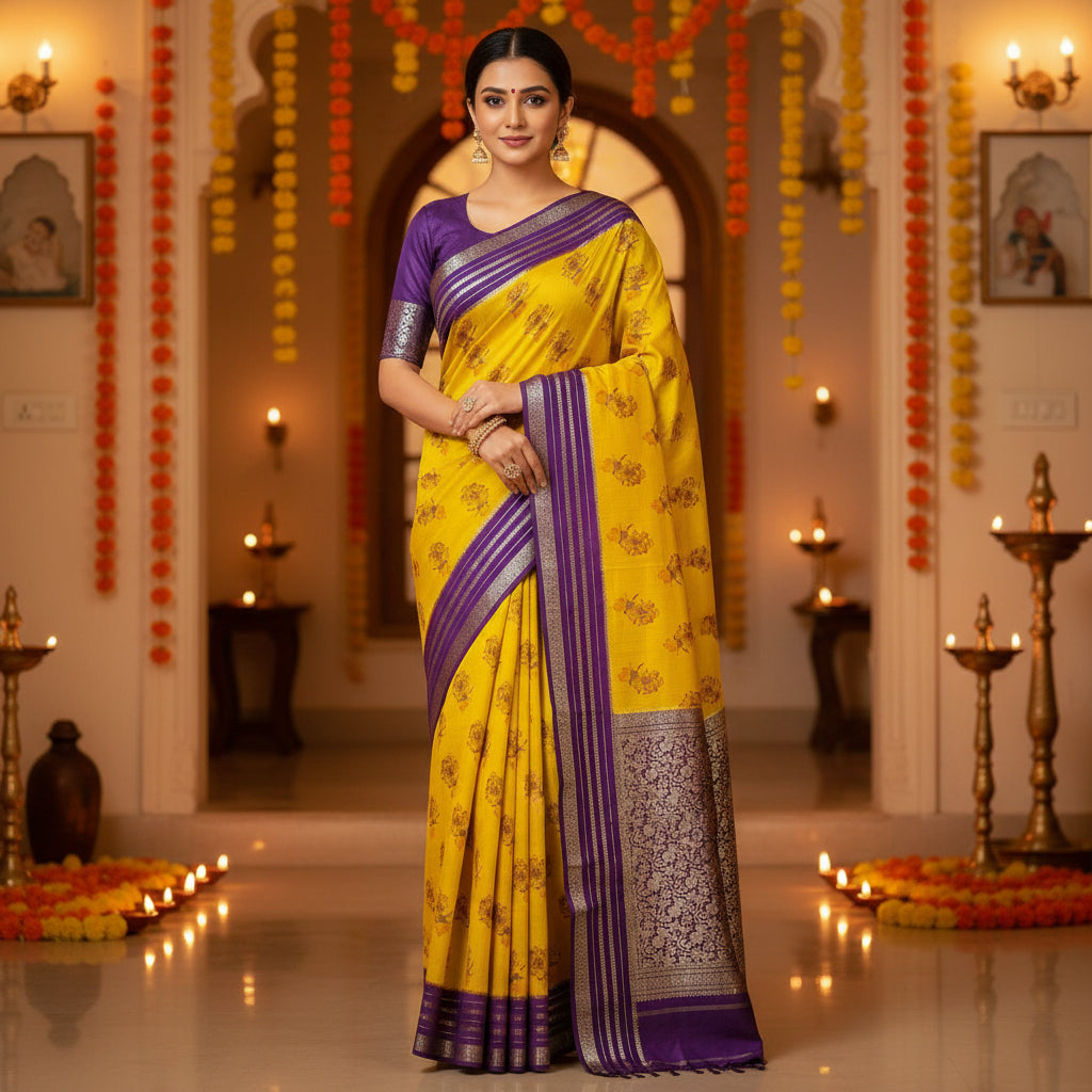 Yellow semi mysore crepe kalamkari print