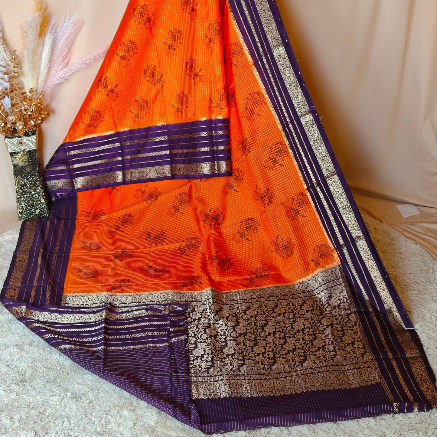 Orange semi mysore crepe kalamkari print