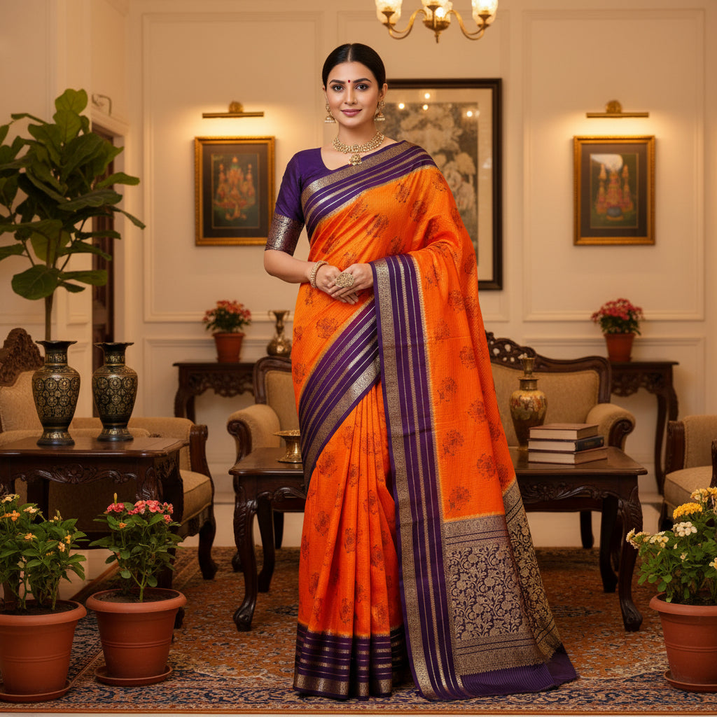 Orange semi mysore crepe kalamkari print