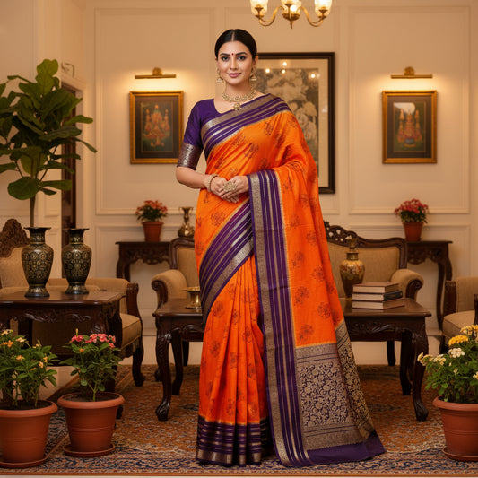 Orange semi mysore crepe kalamkari print