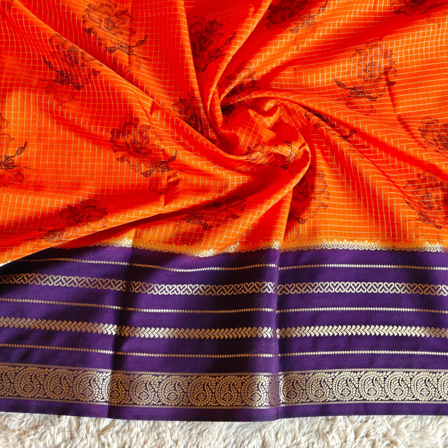 Orange semi mysore crepe kalamkari print