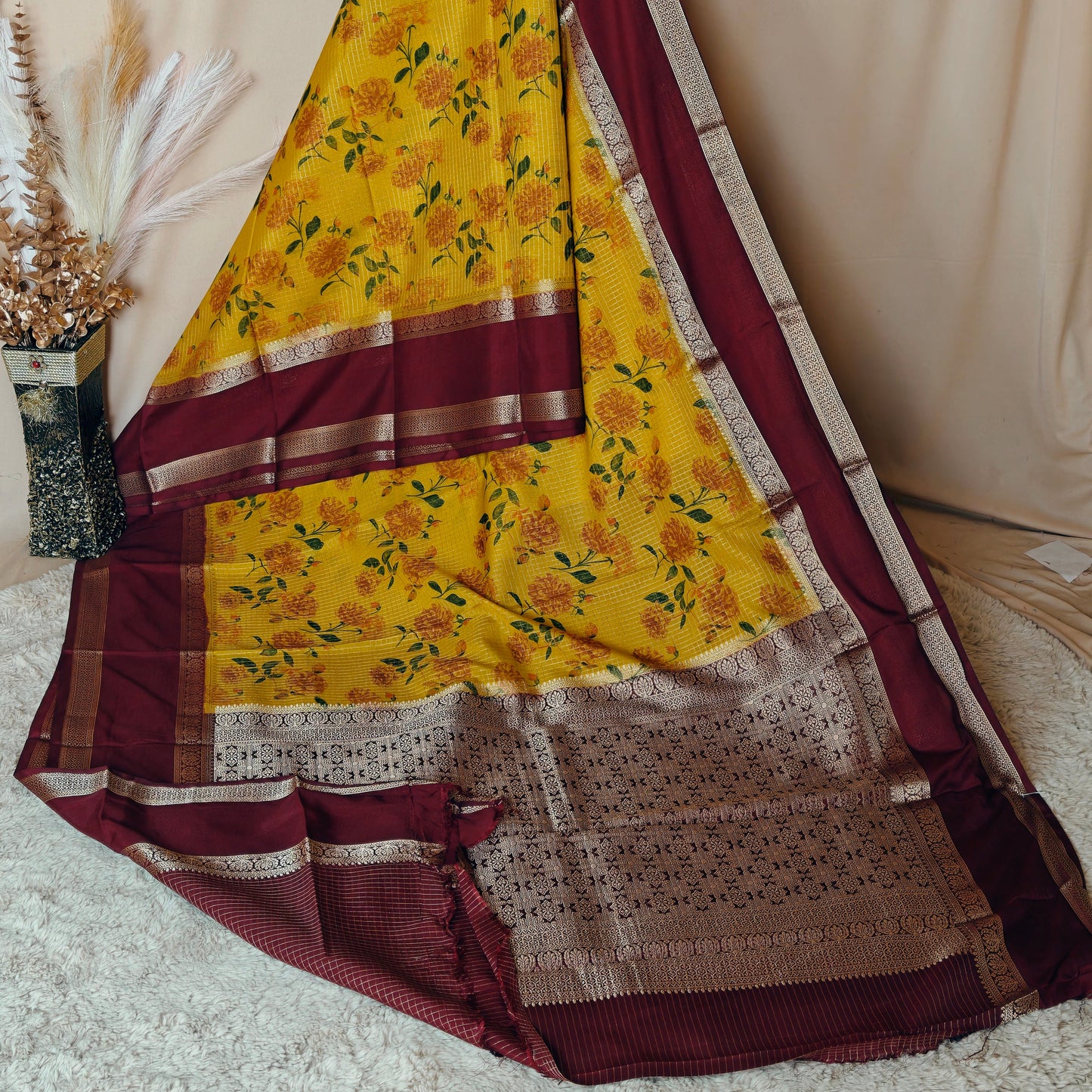 Yellow semi mysore crepe bentex kalamkari