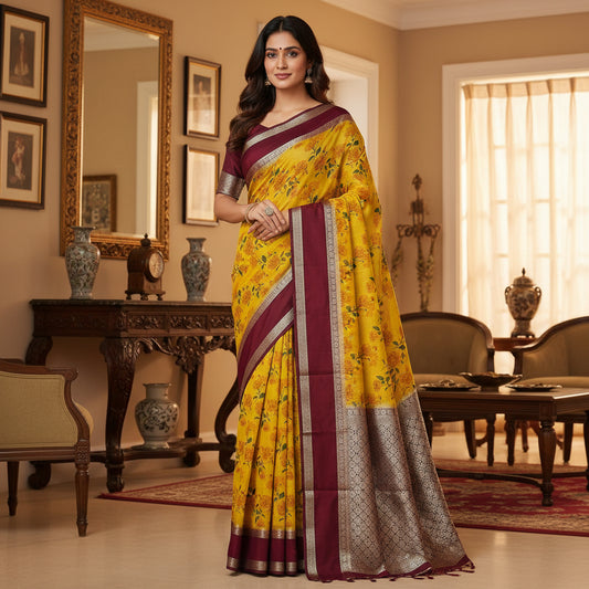 Yellow semi mysore crepe bentex kalamkari