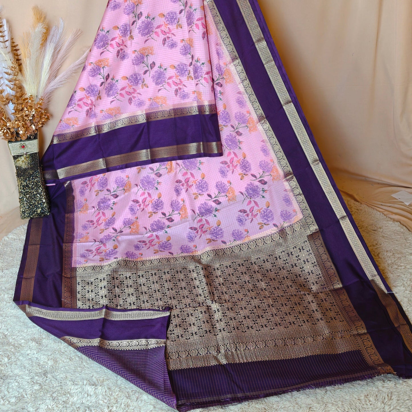 Baby pink semi mysore crepe bentex kalamkari