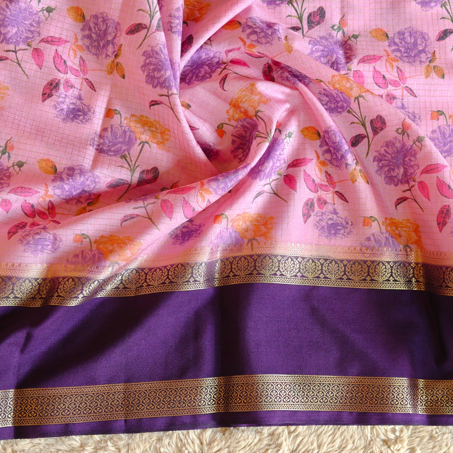 Baby pink semi mysore crepe bentex kalamkari