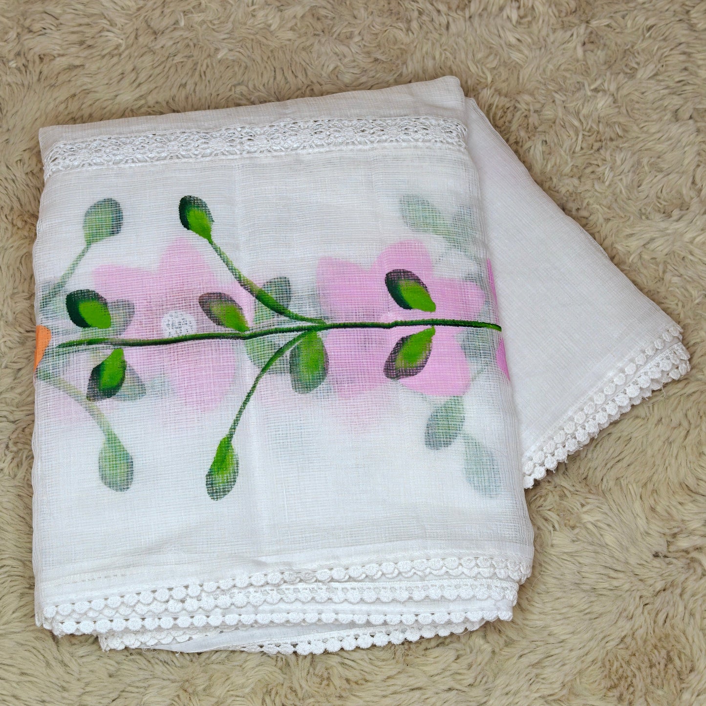 White kota cotton hand painted saree