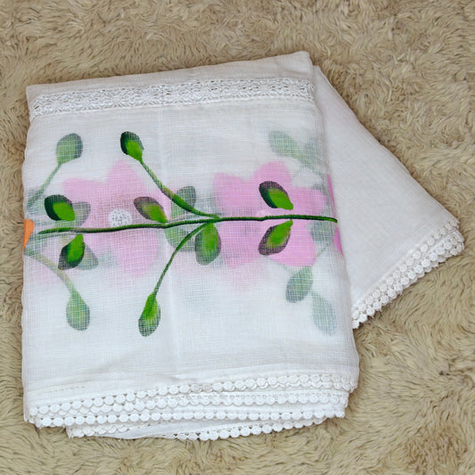 White kota cotton hand painted saree