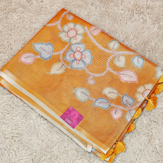 Golden yellow kota zari digital print saree