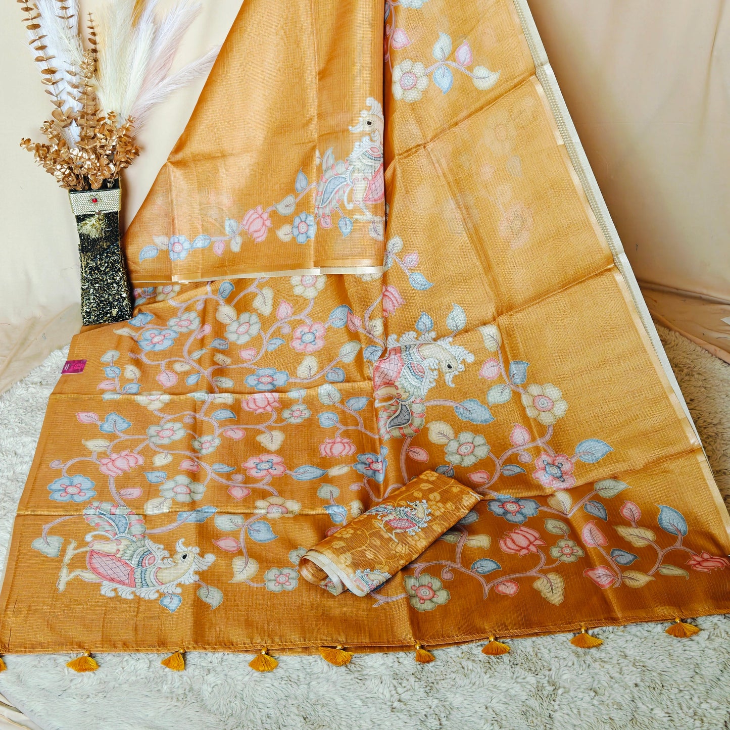 Golden yellow kota zari digital print saree