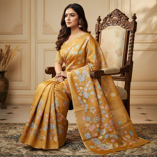 Golden yellow kota zari digital print saree