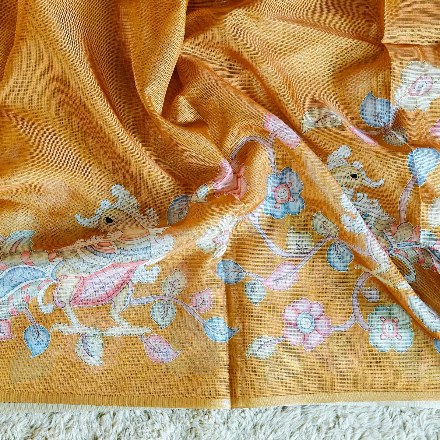 Golden yellow kota zari digital print saree