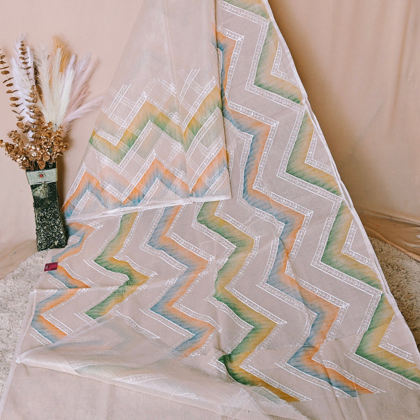 Beige colour kota cotton kala embroidery saree