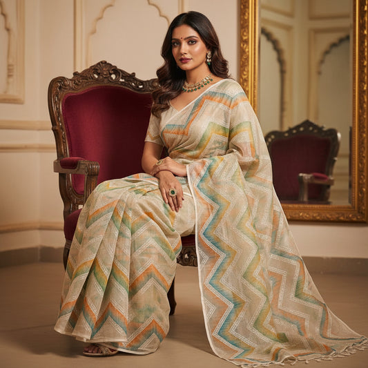 Beige colour kota cotton kala embroidery saree