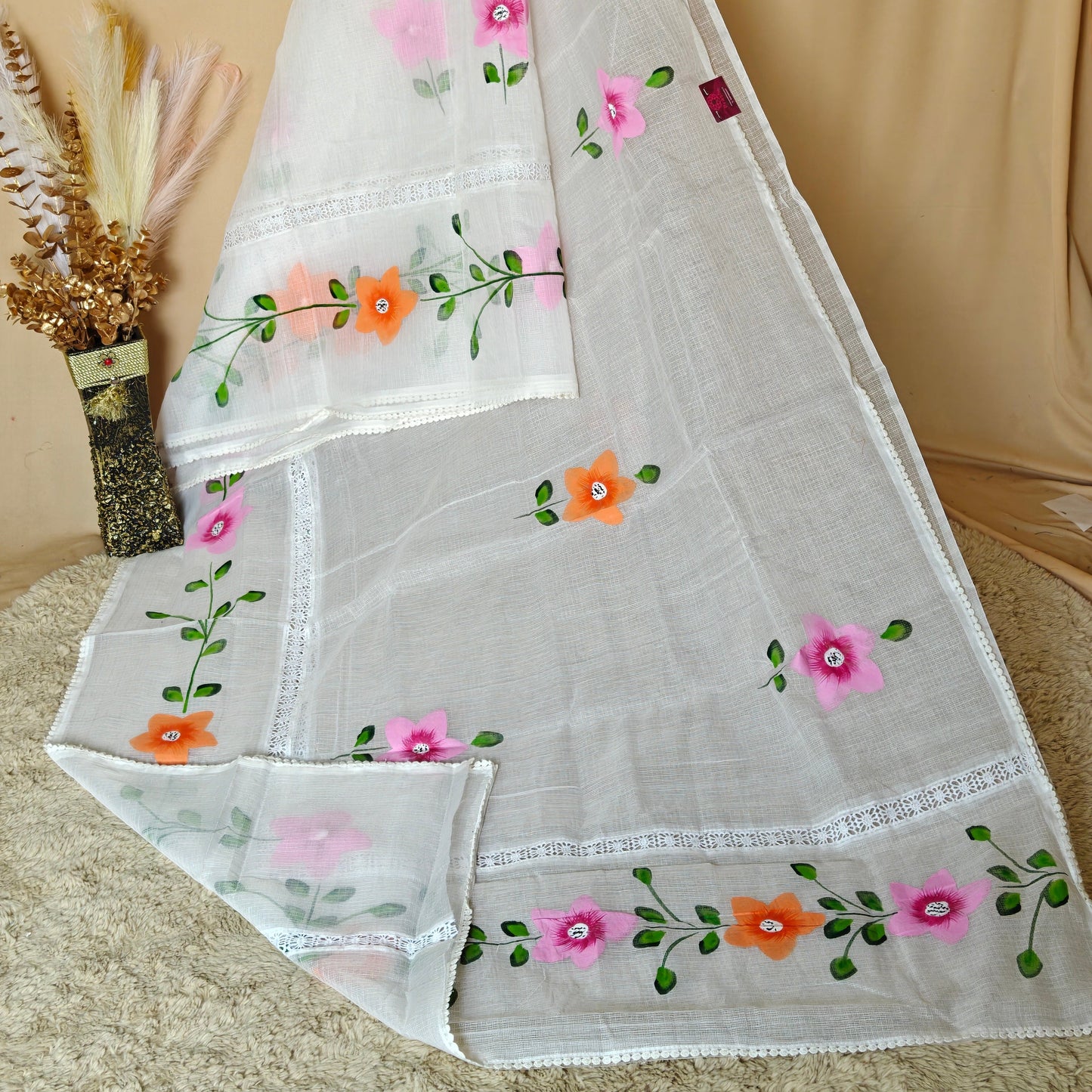 White kota cotton hand painted saree
