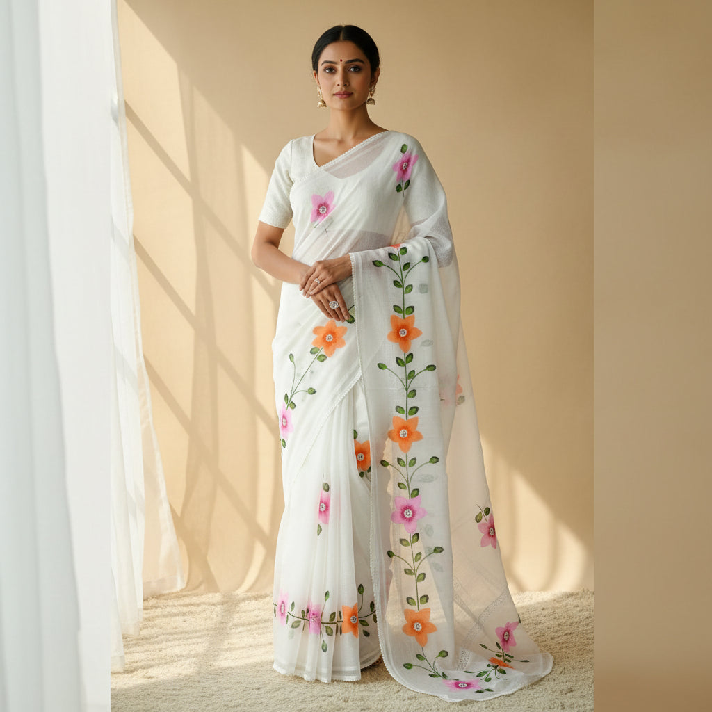 White kota cotton hand painted saree