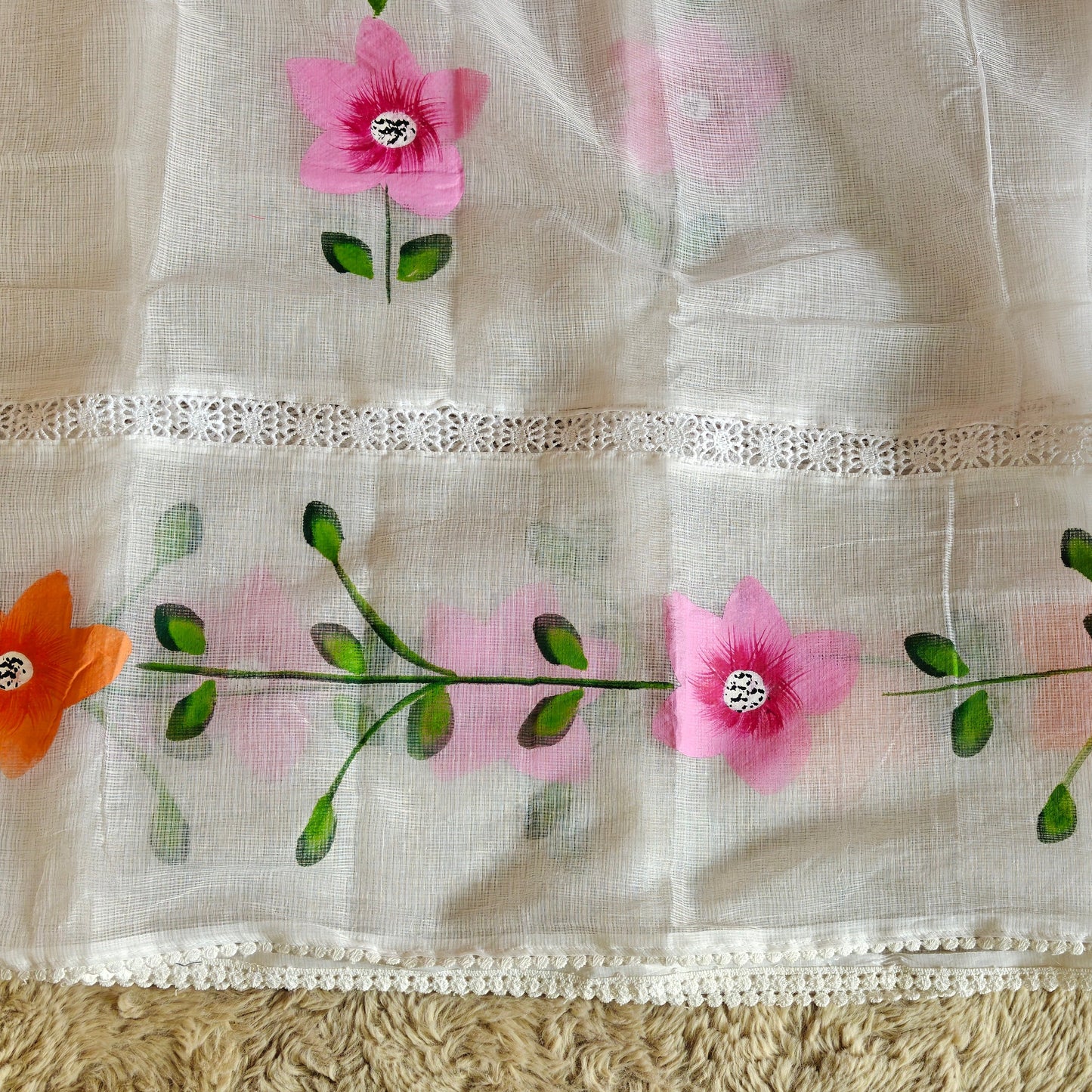 White kota cotton hand painted saree