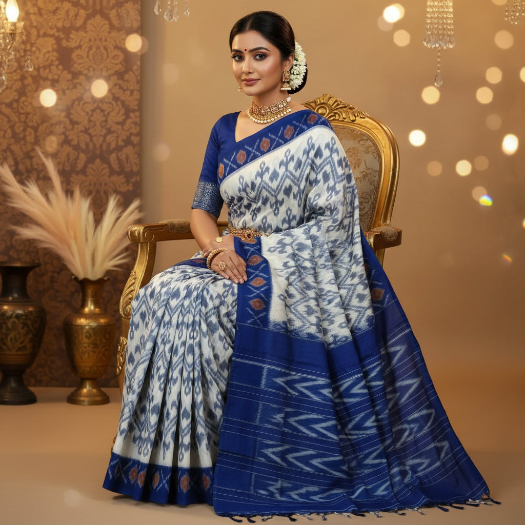 White handloom ikkat pochampalli cotton saree