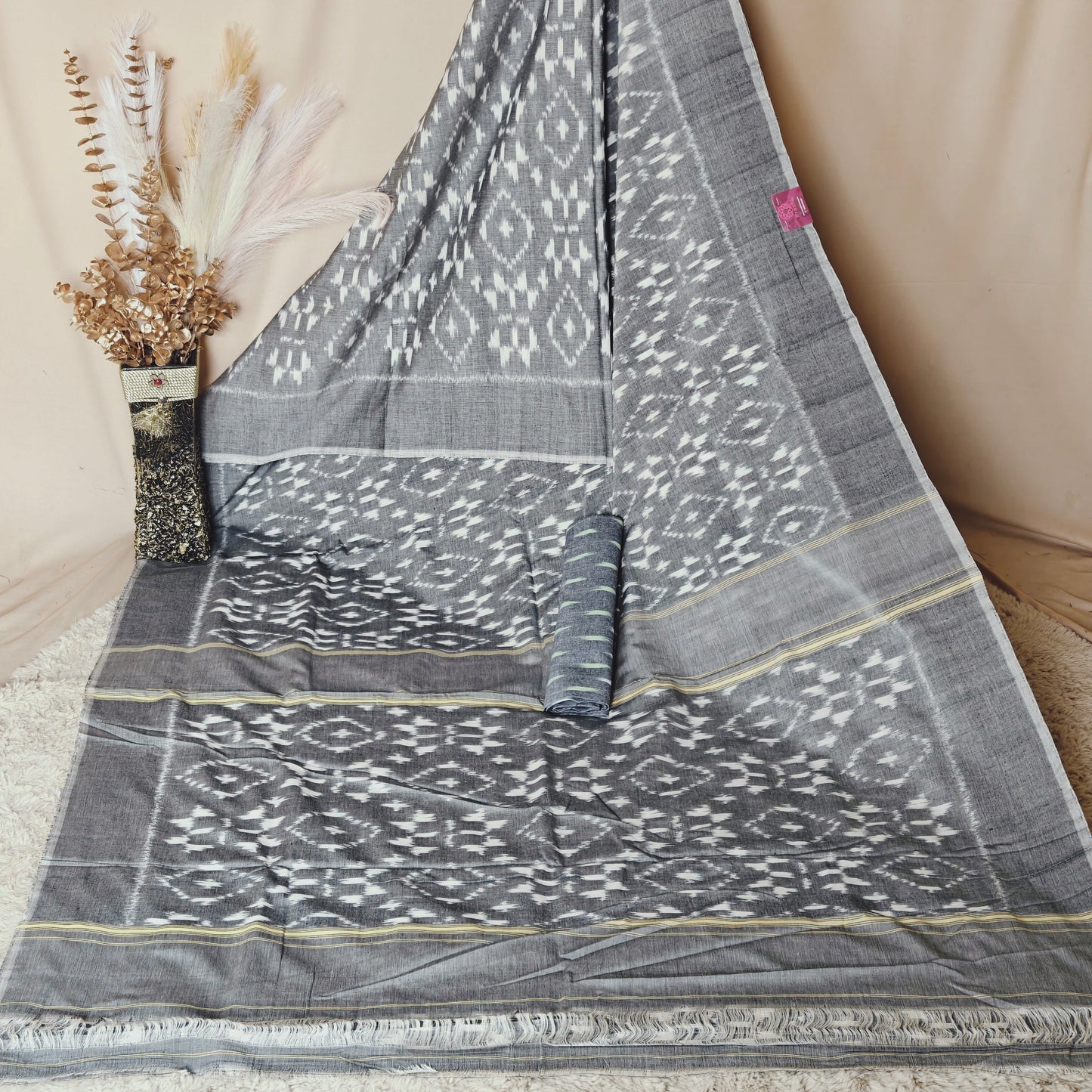 GREY handloom ikkat pochampalli cotton saree