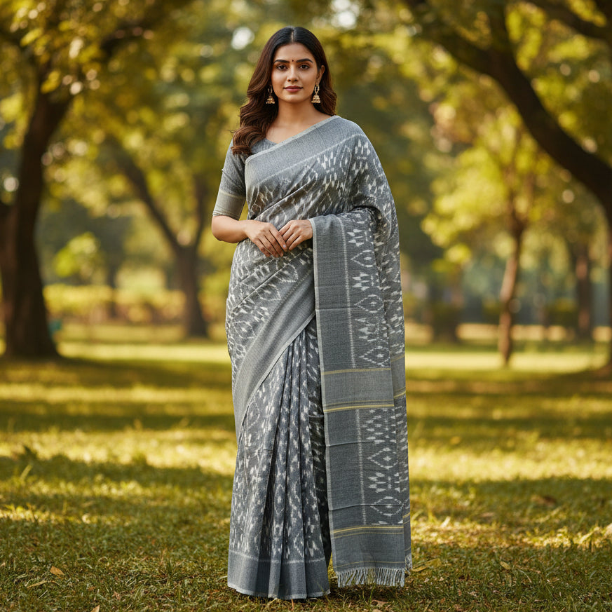 GREY handloom ikkat pochampalli cotton saree