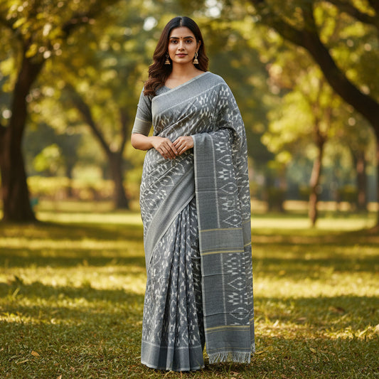 GREY handloom ikkat pochampalli cotton saree