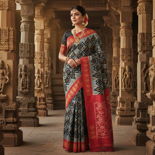 Grey handloom ikkat pochampalli cotton saree