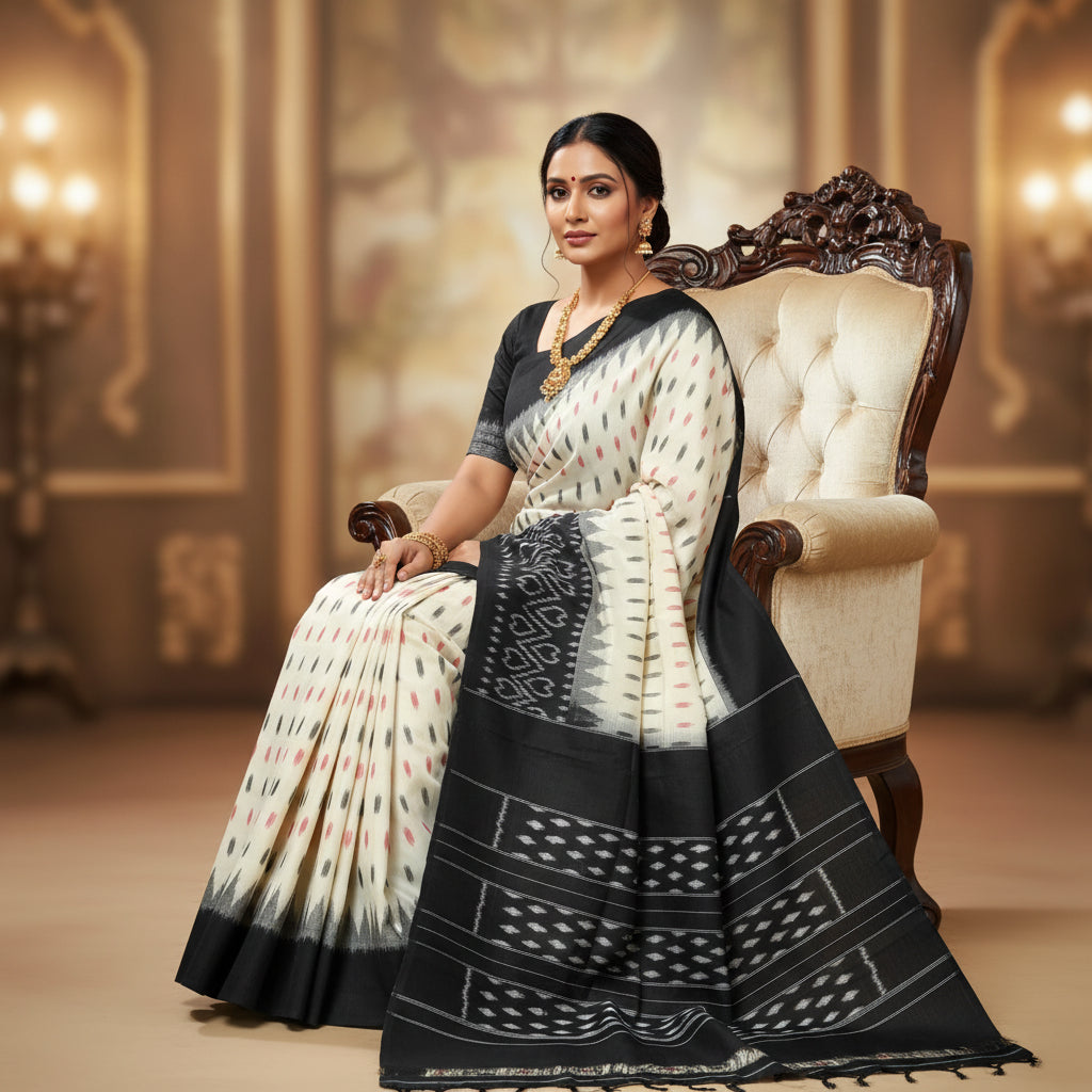 Half-white handloom ikkat pochampalli cotton saree