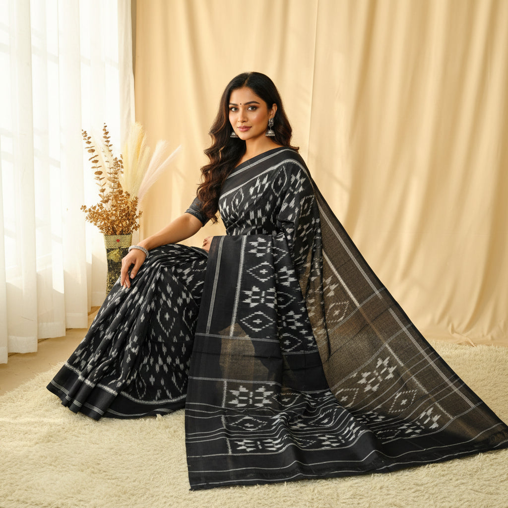 Black handloom ikkat pochampalli cotton saree
