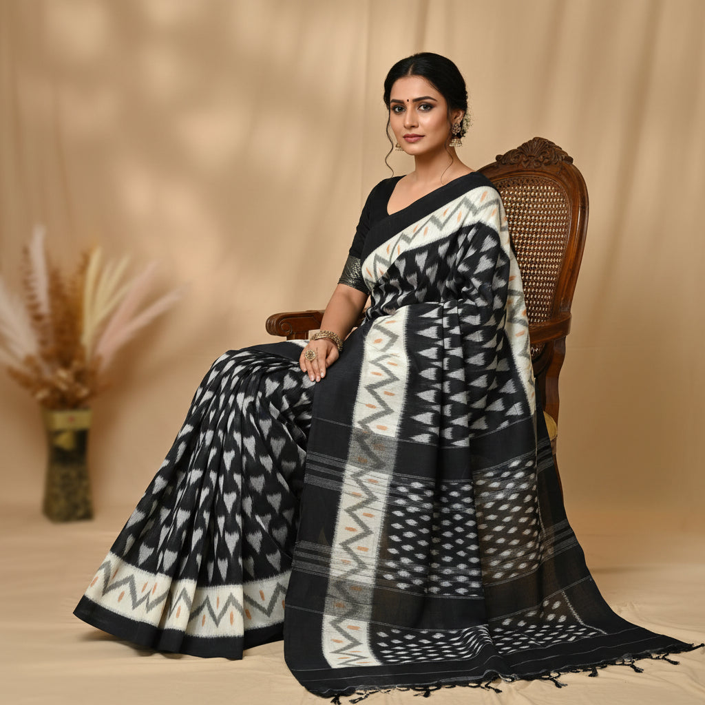Black handloom ikkat pochampalli cotton saree
