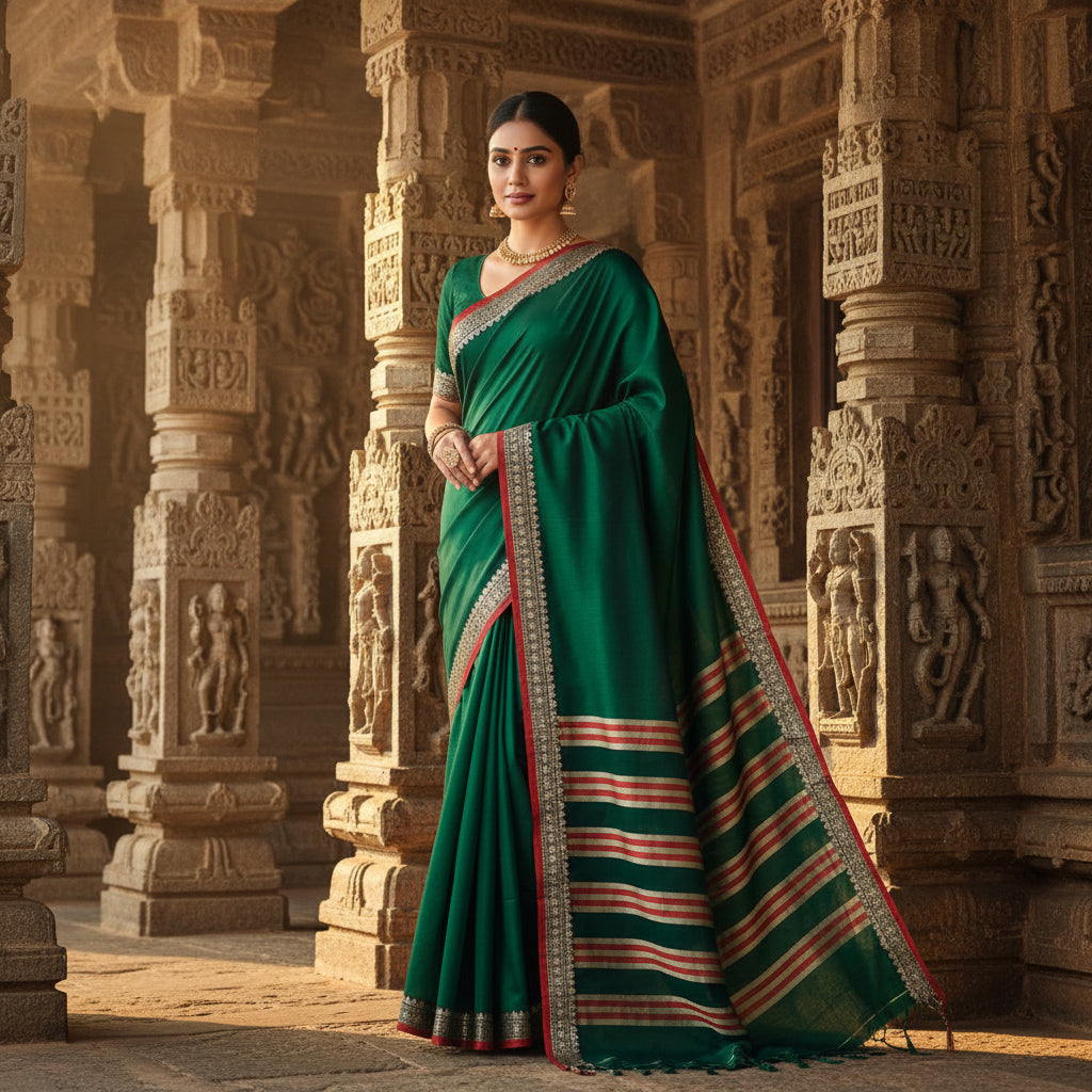 Dark green narayanpet cotton kalasa border saree
