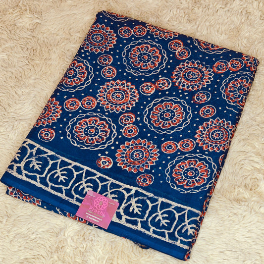 Navyi blue ajrakh block printed mul cotton saree