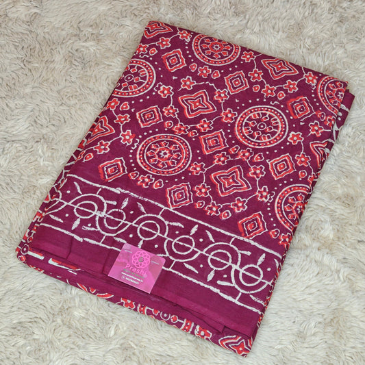 Magenta ajrakh block printed mul cotton saree