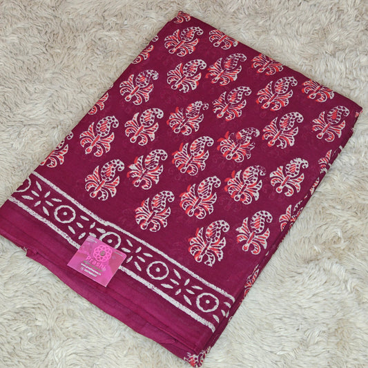 Magenta ajrakh block printed mul cotton saree