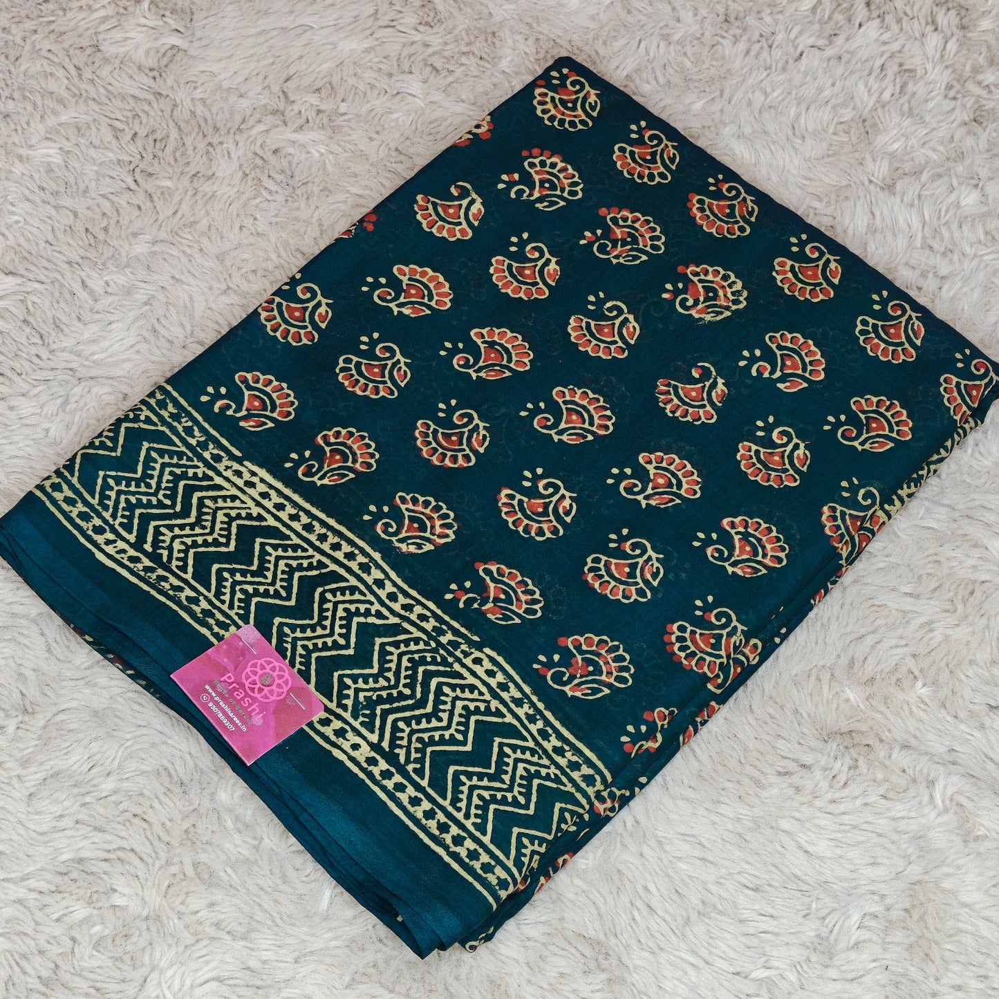 Dark teal blue ajrakh block printed mul cotton saree
