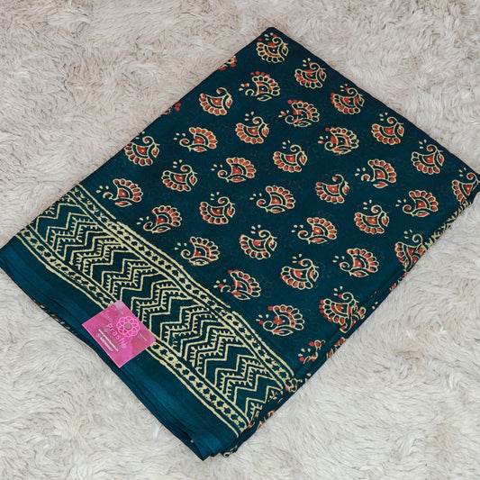 Dark teal blue ajrakh block printed mul cotton saree