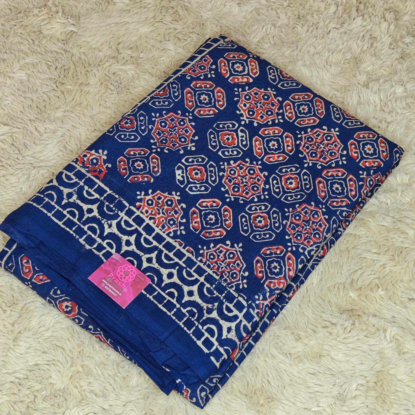 Navyi blue Ajrakh block printed mul cotton saree