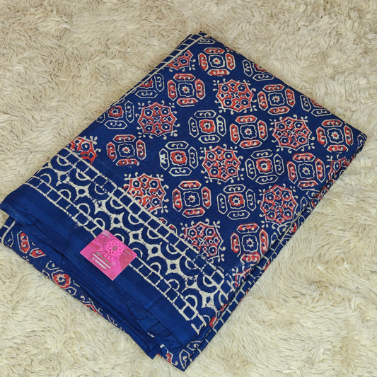 Navyi blue Ajrakh block printed mul cotton saree