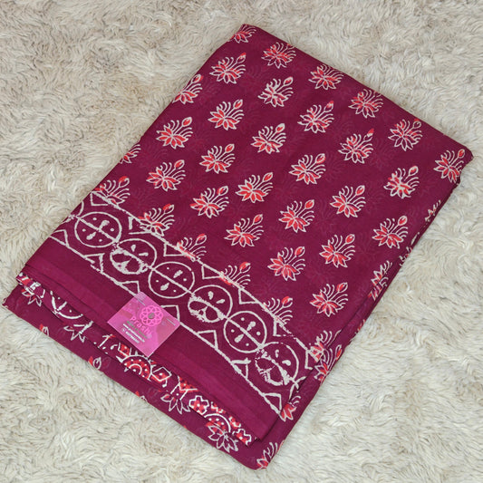 Magenta Ajrakh block printed mul cotton saree