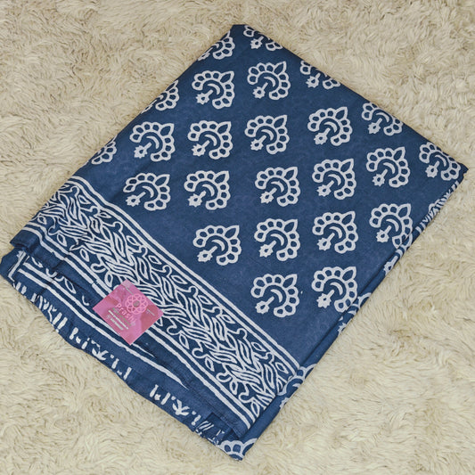 DARK GREY Ajrakh block printed mul cotton saree