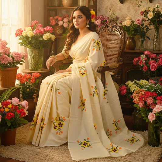Light Cream Hand painted saree