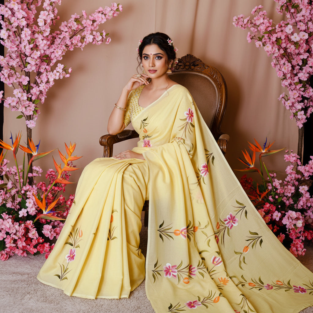 Yellow Hand painted saree