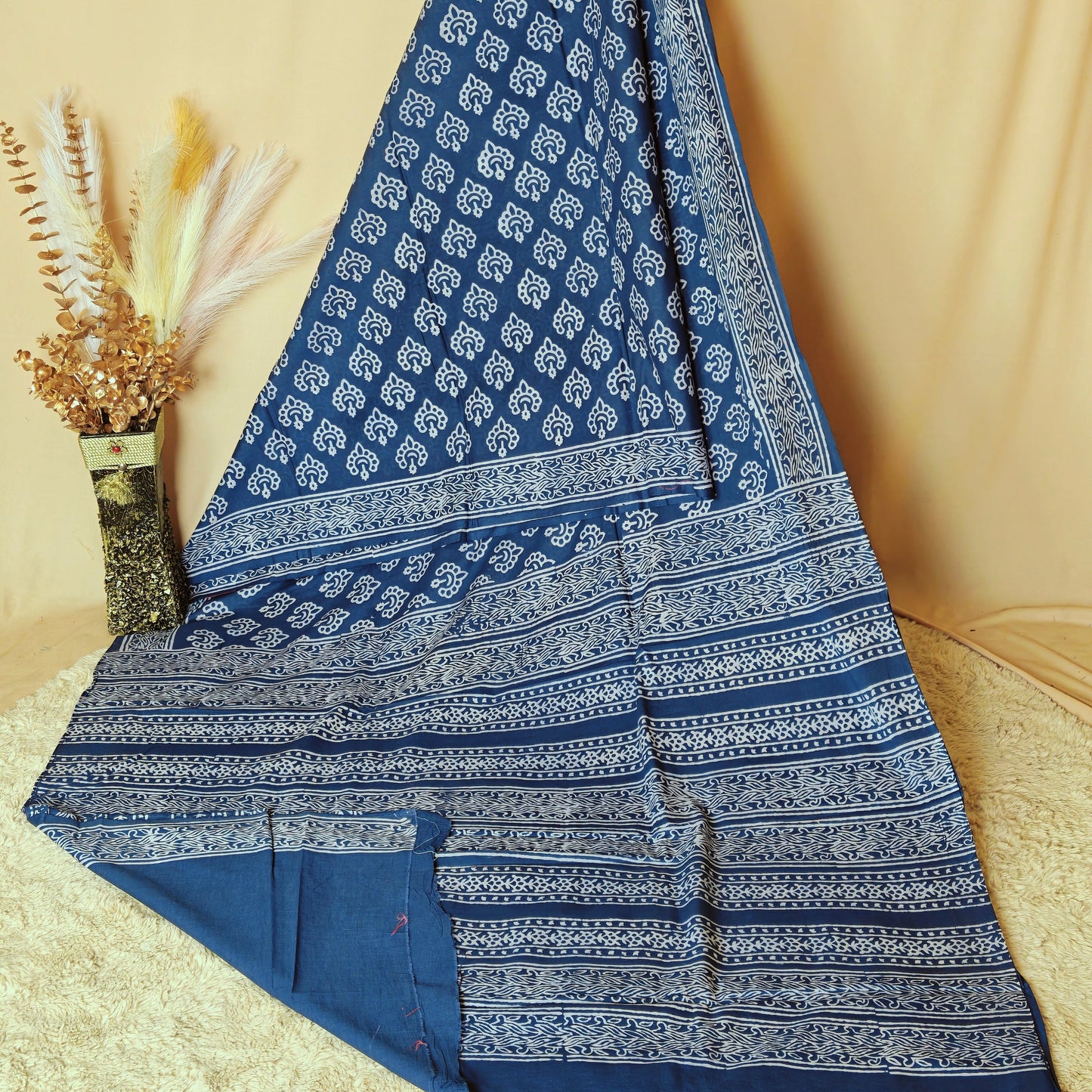 DARK GREY Ajrakh block printed mul cotton saree