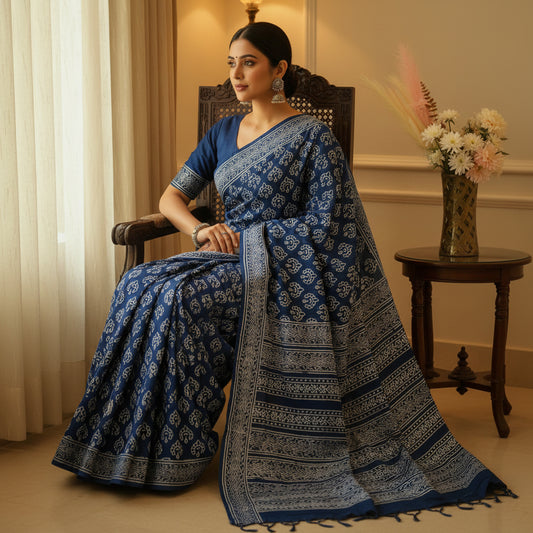 DARK GREY Ajrakh block printed mul cotton saree
