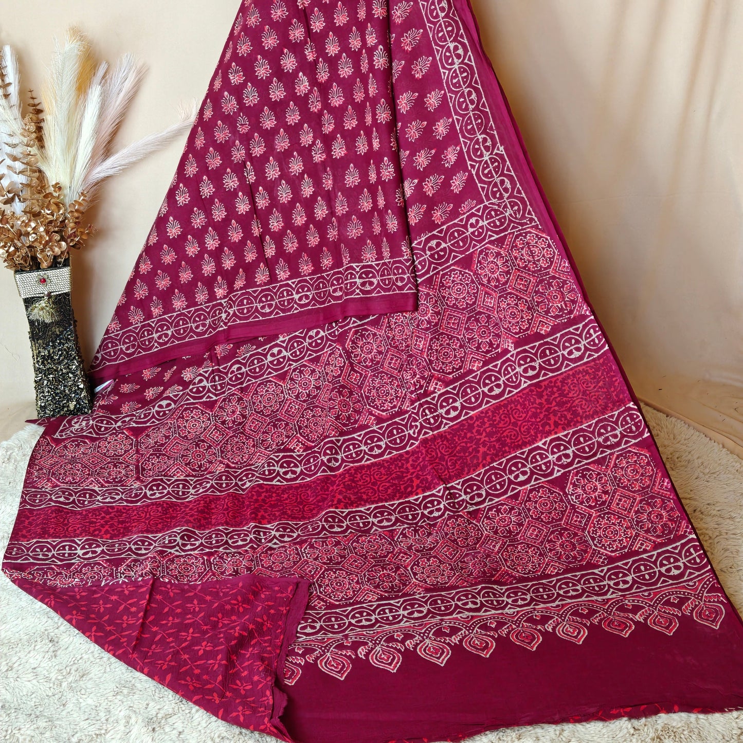 Magenta Ajrakh block printed mul cotton saree