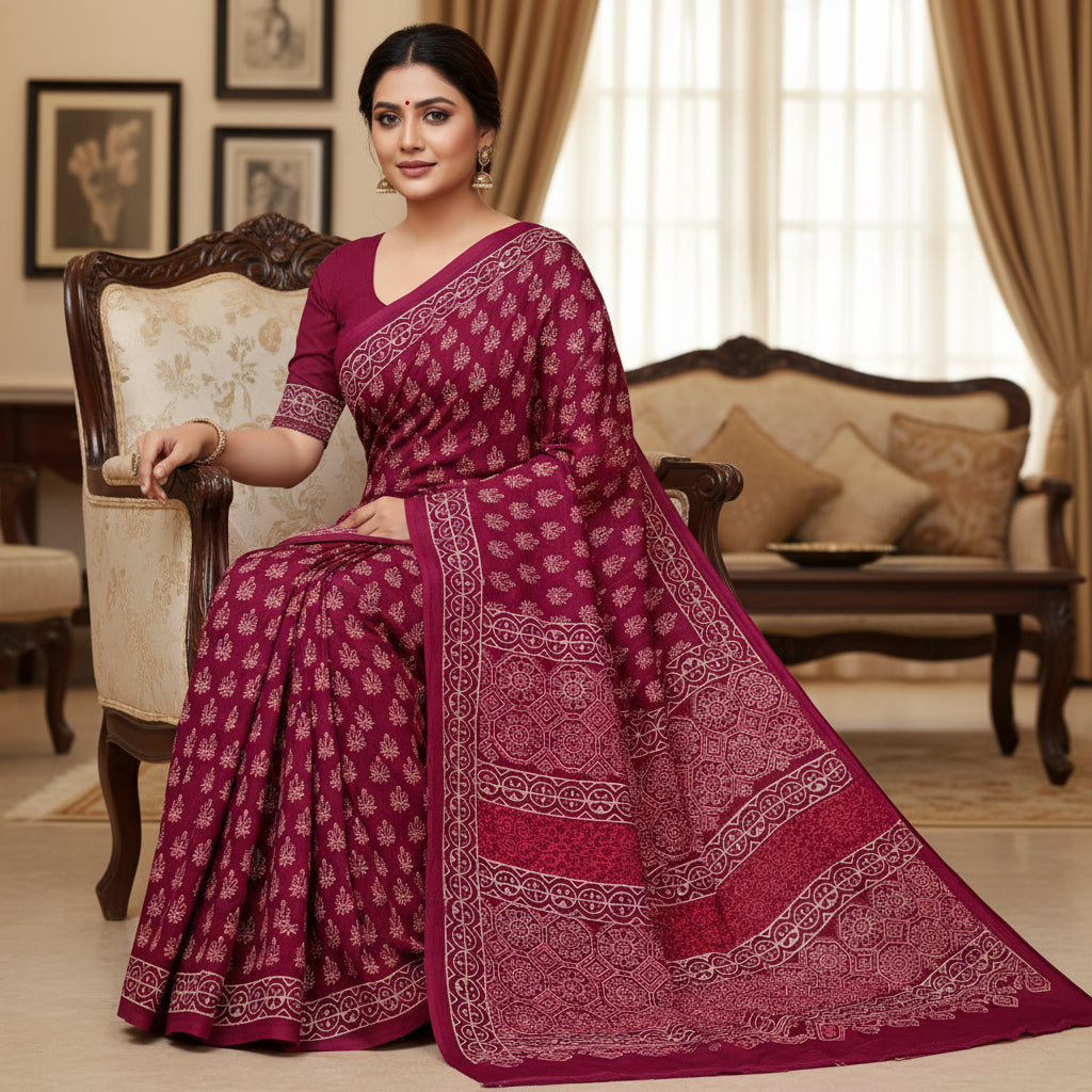 Magenta ajrakh block printed mul cotton saree