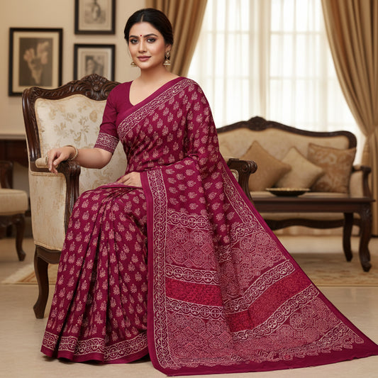 Magenta ajrakh block printed mul cotton saree