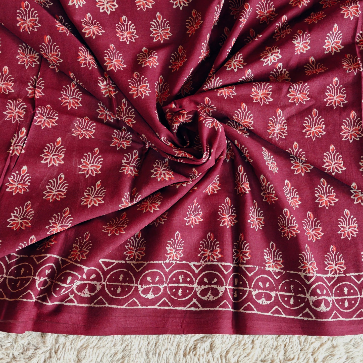Magenta Ajrakh block printed mul cotton saree