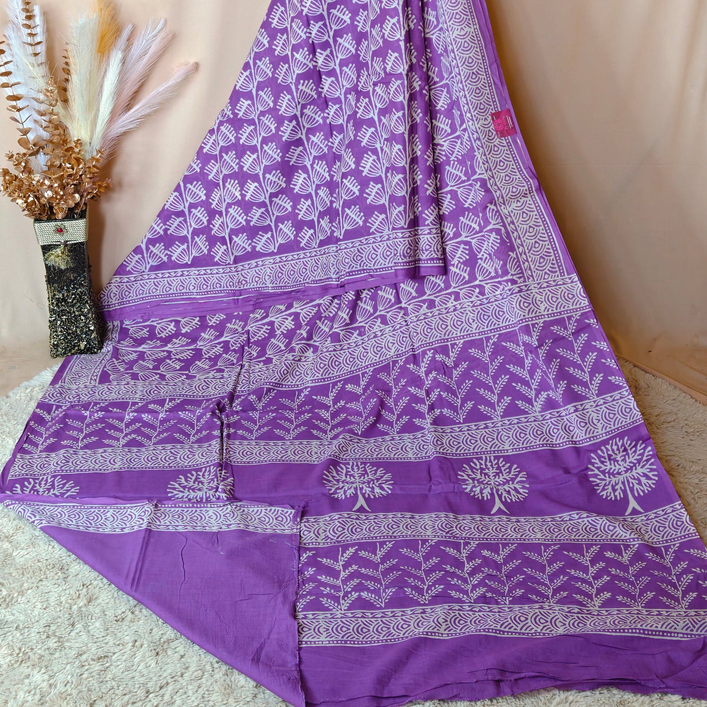 Lavender ajrakh block printed mul cotton saree