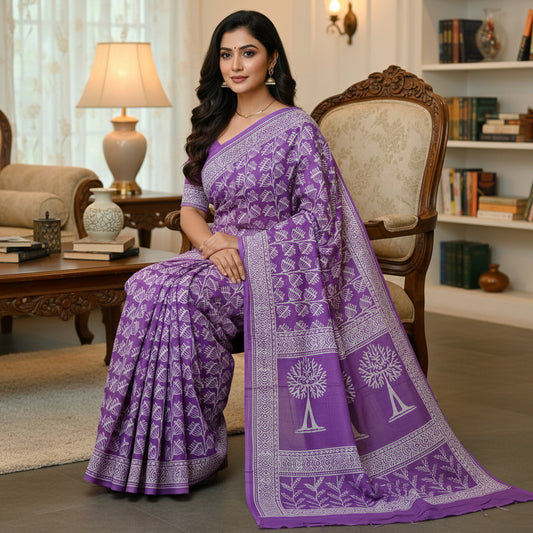 Lavender ajrakh block printed mul cotton saree