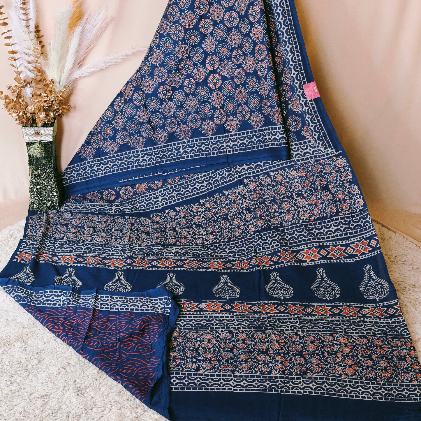 Navyi blue Ajrakh block printed mul cotton saree