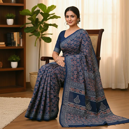 Navyi blue Ajrakh block printed mul cotton saree